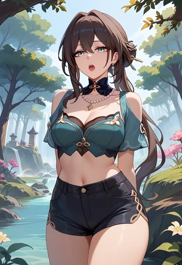 star rail,ruan mei,leather,shorts,crop top  - AI generated anime art